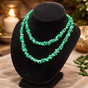 Natural Malachite Gemstone Chip Necklace – 34” Green Stone Bead Strand